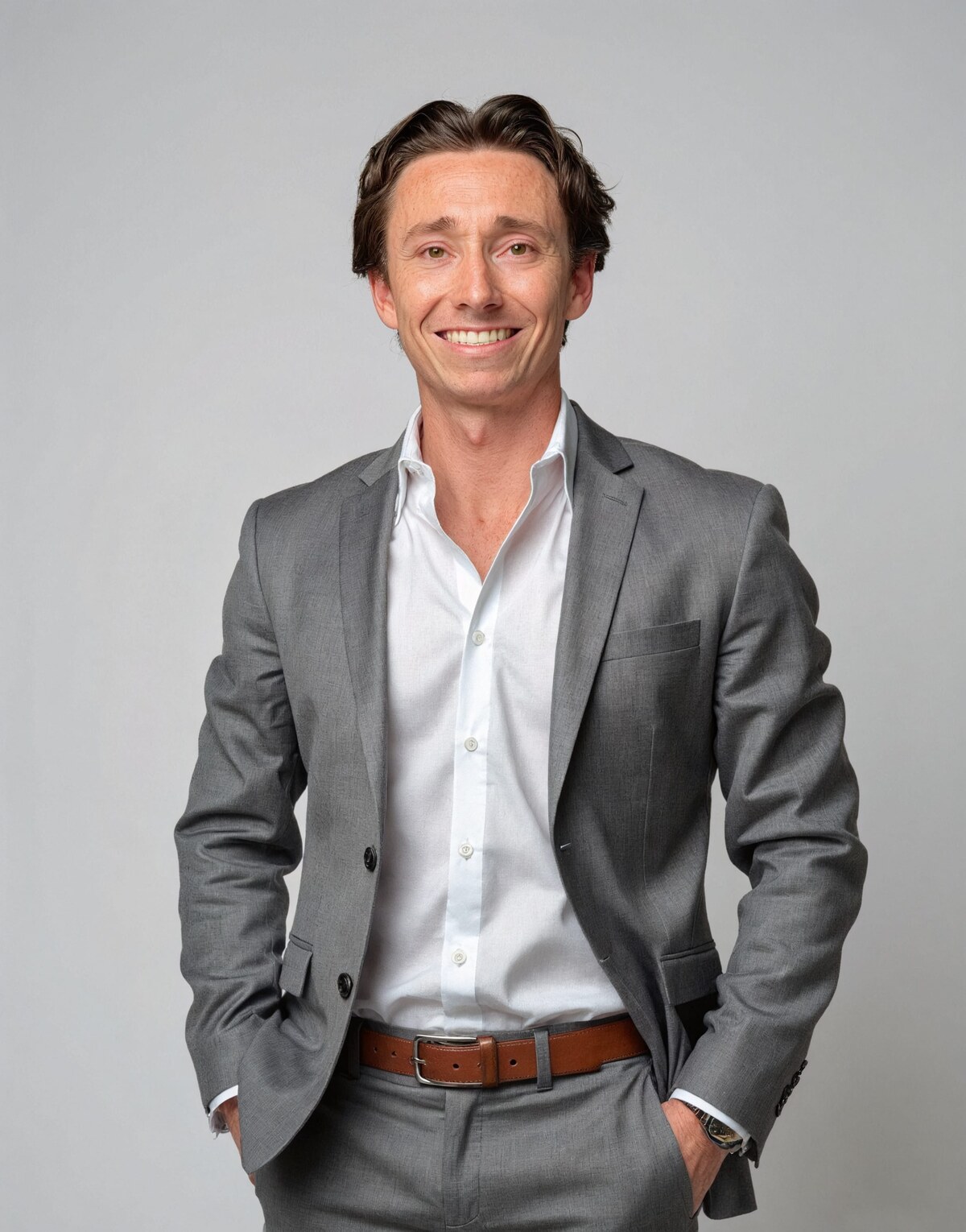 Professional portrait of Austin Arnold in a gray suit