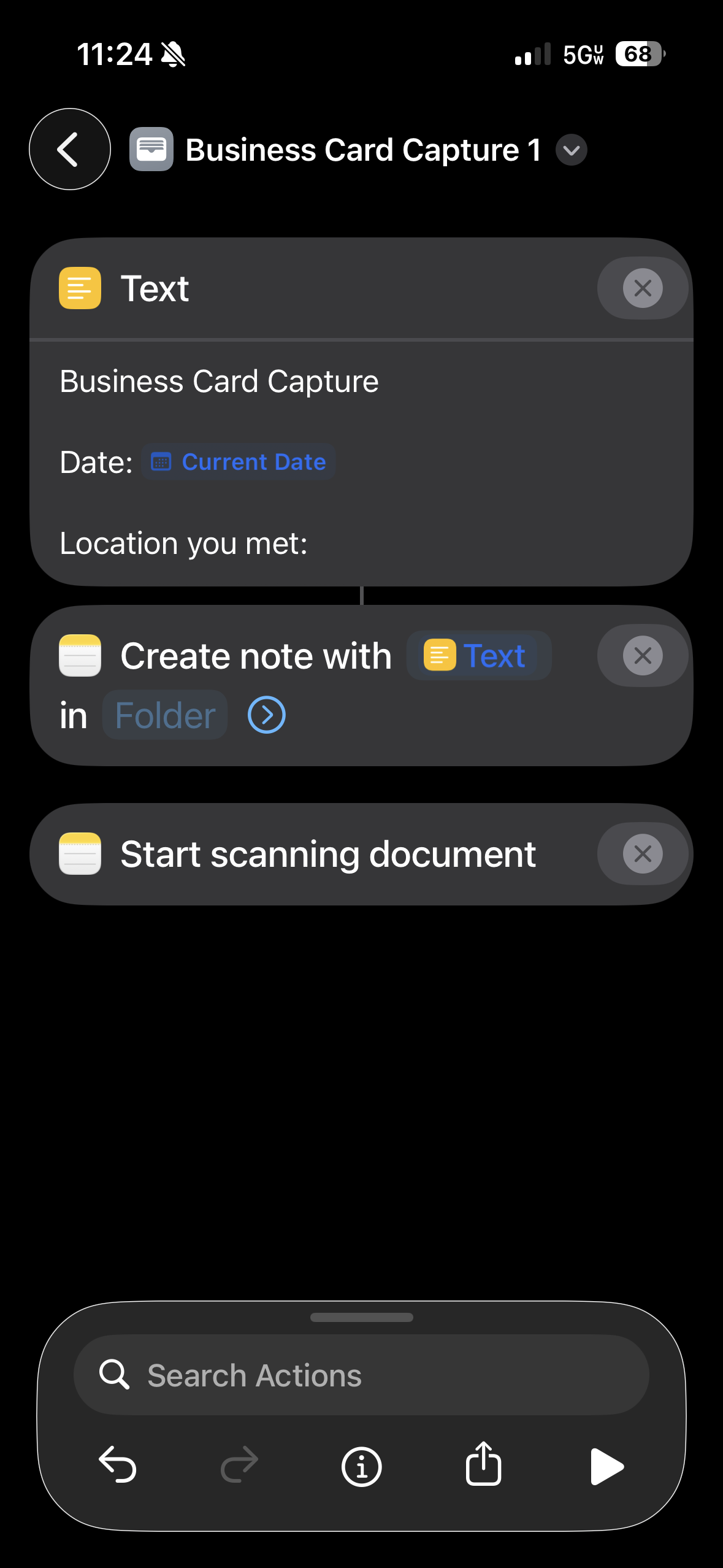 Screenshot of the Business Card Capture shortcut editor showing three stacked actions: a Text block with the note scaffold, a Create Note action with Folder placeholder, and a Start Scanning Document action