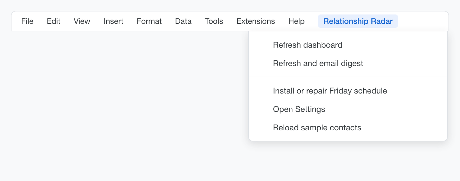 The Relationship Radar menu inside Google Sheets