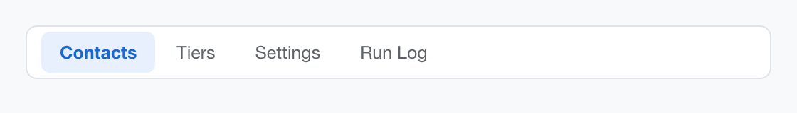 The four tabs inside the Relationship Radar sheet: Contacts, Tiers, Settings and Run Log
